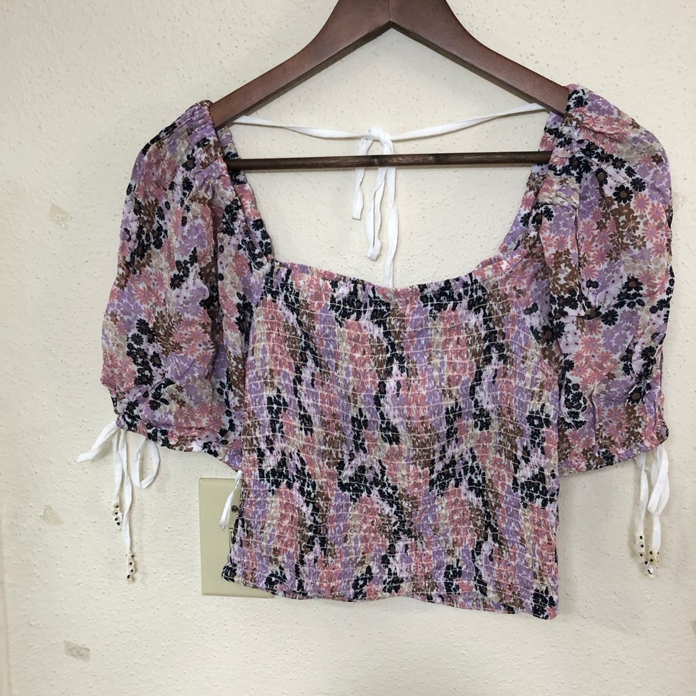 Free People Women’s Crop Top Size XS Floral Viscose Smocked Puff Sleeve Boho